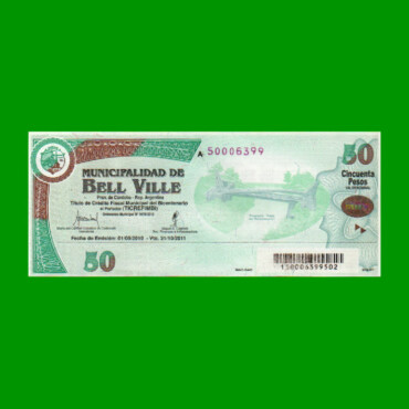 BONO MUNICIPALIDAD DE BELL VILLE $50,00, SERIE A, AÑO 2010/2011, ESTADO EXCELENTE.-