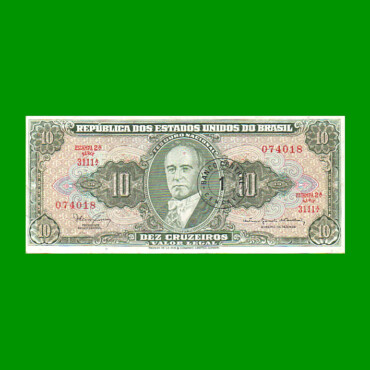 BILLETE DE BRASIL 10 CRUZEIROS RESELLADO 1 CTVO, PICK 183a, AÑO 1966, ESTADO MUY BUENO+ .-