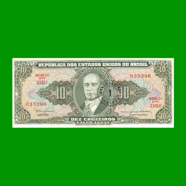 BILLETE DE BRASIL 10 CRUZEIROS RESELLADO 1 CTVO, PICK 183a, AÑO 1966, ESTADO EXCELENTE.-