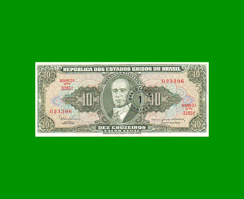 BILLETE DE BRASIL 10 CRUZEIROS RESELLADO 1 CTVO, PICK 183a, AÑO 1966, ESTADO EXCELENTE.-