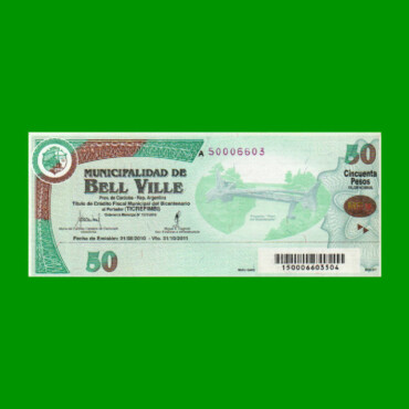 BONO MUNICIPALIDAD DE BELL VILLE $50,00, SERIE A, AÑO 2010/2011, ESTADO SIN CIRCULAR.-