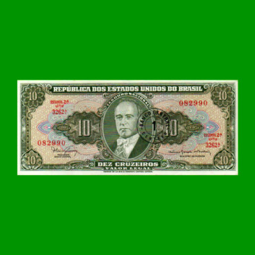 BILLETE DE BRASIL 10 CRUZEIROS RESELLADO 1 CTVO, PICK 183b, AÑO 1967, ESTADO EXCELENTE+ .-