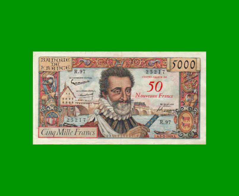 BILLETE DE FRANCIA 50 NUEVOS FRANCOS, PICK 139b, AÑO 1959, ESTADO MUY BUENO+ .-