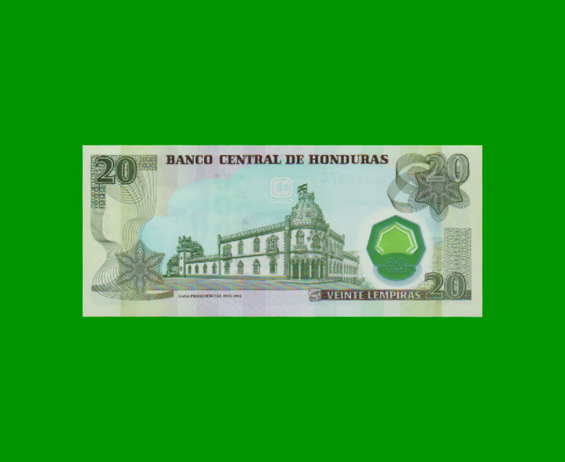 BILLETE DE HONDURAS 20 LEMPIRAS, POLYMERO PICK 95, AÑO 2008 ESTADO SIN CIRCULAR.- - Imagen 2