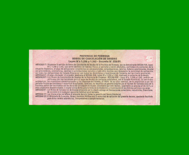 BONO DE FORMOSA $ 20,00, EC 352, AÑO 2001, ESTADO MUY BUENO.- - Imagen 2