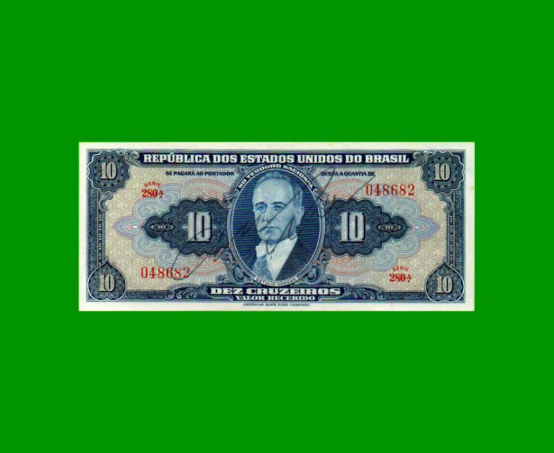 BILLETE DE BRASIL 10 CRUZEIROS, PICK 135, AÑO 1943, ESTADO SIN CIRCULAR.-