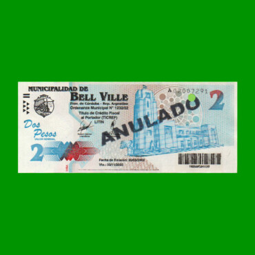 BONO MUNICIPALIDAD DE BELL VILLE $2,00, AÑO 2002/2003, ESTADO SIN CIRCULAR.-