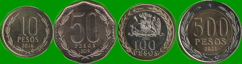 CHILE SET DE CUATRO MONEDAS 10, 50 Y 100, 500 (BIMETALICAS), AÑO 2016/ 2021, ESTADO NUEVAS.-