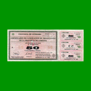 BONO REPOSICION DE CORDOBA $ 50,00, FALSO, AÑO 1996, ESTADO BUENO.-