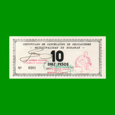 BONO MUNICIPALIDAD DE MIRAMAR DE ANSENUZA $ 10,00, AÑO EMISION 10/08/1995, ESTADO EXCELENTE+ .-