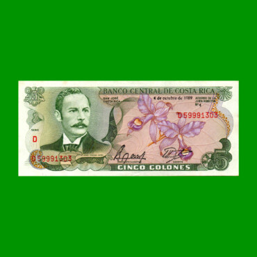 BILLETE DE COSTA RICA 5 COLONES, PICK 236d, AÑO 1989, ESTADO EXCELENTE+ .-