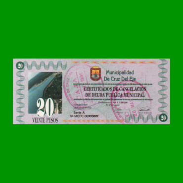 BONO MUNICIPALIDAD DE CRUZ DEL EJE $ 20,00, SELLADO, AÑO 1996, SERIE A, ESTADO SIN CIRCULAR.-