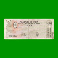 BONO DE SALTA $a500,00, EC 002, AÑO 1985, ESTADO BUENO.-