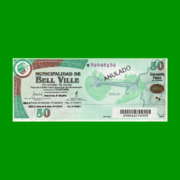 BONO MUNICIPALIDAD DE BELL VILLE $50,00, SERIE B, AÑO 2010/2011, ESTADO EXCELENTE.-