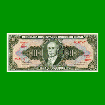 BILLETE DE BRASIL 10 CRUZEIROS RESELLADO 1 CTVO, PICK 183b, AÑO 1967, ESTADO SIN CIRCULAR.-