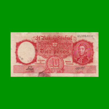MONEDA NACIONAL $10,00, BOT 1944, AÑO 1952, ESTADO MUY BUENO.-
