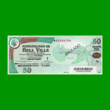 BONO MUNICIPALIDAD DE BELL VILLE $50,00, SERIE B, AÑO 2010/2011, ESTADO EXCELENTE+ .-