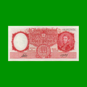 MONEDA NACIONAL $10,00, BOT 1945, AÑO 1953, ESTADO EXCELENTE+ .-