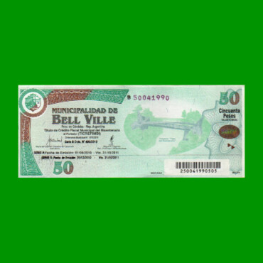 BONO MUNICIPALIDAD DE BELL VILLE $50,00, SERIE B, AÑO 2010/2011, ESTADO EXCELENTE.-