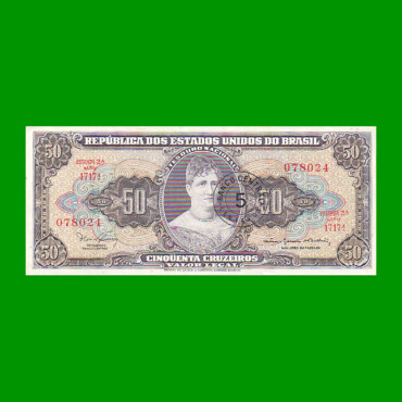 BILLETE DE BRASIL 50 CRUZEIROS RESELLADO 5 CTVOS, PICK 184b, AÑO 1967, ESTADO EXCELENTE.-