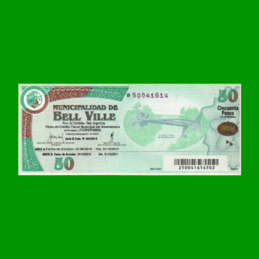 BONO MUNICIPALIDAD DE BELL VILLE $50,00, SERIE B, AÑO 2010/2011, ESTADO EXCELENTE+ .-