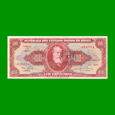 BILLETE DE BRASIL 100 CRUZEIROS RESELLADO 10 CTVOS, PICK 185a, AÑO 1966, ESTADO MUY BUENO+ .-