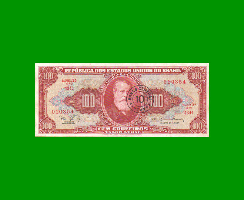 BILLETE DE BRASIL 100 CRUZEIROS RESELLADO 10 CTVOS, PICK 185a, AÑO 1966, ESTADO MUY BUENO+ .-