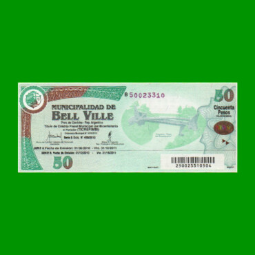 BONO MUNICIPALIDAD DE BELL VILLE $50,00, SERIE B, AÑO 2010/2011, ESTADO SIN CIRCULAR.-