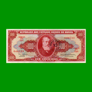 BILLETE DE BRASIL 100 CRUZEIROS RESELLADO 10 CTVOS, PICK 185a, AÑO 1966, ESTADO EXCELENTE.-