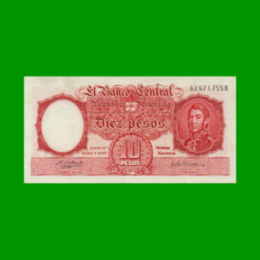 MONEDA NACIONAL $10,00, BOT 1956, AÑO 1956, ESTADO EXCELENTE+ .-