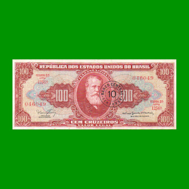 BILLETE DE BRASIL 100 CRUZEIROS RESELLADO 10 CTVOS, PICK 185b, AÑO 1967, ESTADO EXCELENTE- .-