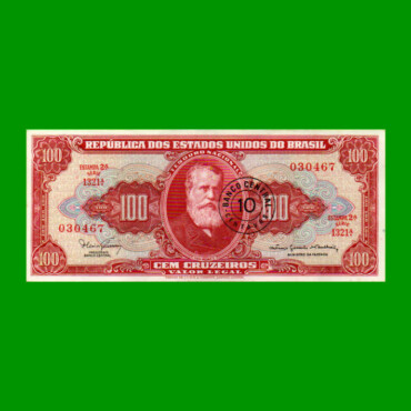 BILLETE DE BRASIL 100 CRUZEIROS RESELLADO 10 CTVOS, PICK 185b, AÑO 1967, ESTADO EXCELENTE+ .-