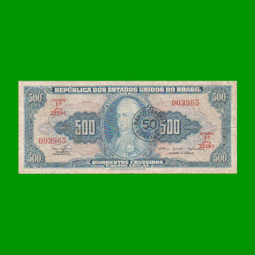 BILLETE DE BRASIL 500 CRUZEIROS RESELLADO 50 CTVOS, PICK 186, AÑO 1967, ESTADO BUENO+ .-