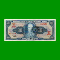 BILLETE DE BRASIL 500 CRUZEIROS RESELLADO 50 CTVOS, PICK 186, AÑO 1967, ESTADO EXCELENTE.-