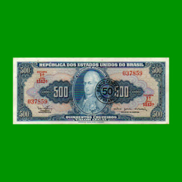BILLETE DE BRASIL 500 CRUZEIROS RESELLADO 50 CTVOS, PICK 186, AÑO 1967, ESTADO EXCELENTE.-