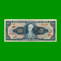 BILLETE DE BRASIL 500 CRUZEIROS RESELLADO 50 CTVOS, PICK 186, AÑO 1967, ESTADO EXCELENTE- .-