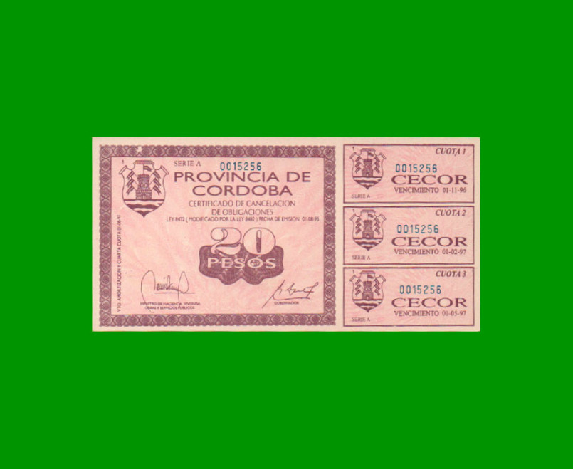 BONO DE CORDOBA $ 20,00, FALSO DE LA EPOCA, AÑO 1995, ESTADO SIN CIRCULAR.-