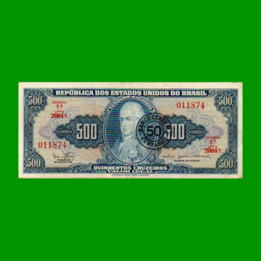 BILLETE DE BRASIL 500 CRUZEIROS RESELLADO 50 CTVOS, PICK 186, AÑO 1967, ESTADO EXCELENTE- .-