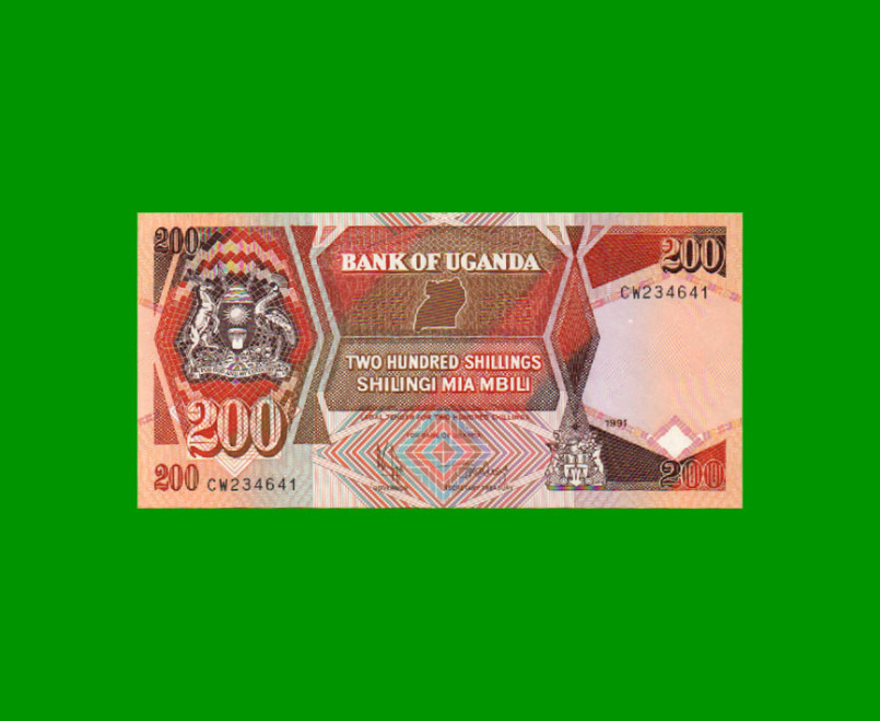 BILLETE DE UGANDA 200 SHILLINGS, PICK 32b, AÑO 1991, ESTADO SIN CIRCULAR.-