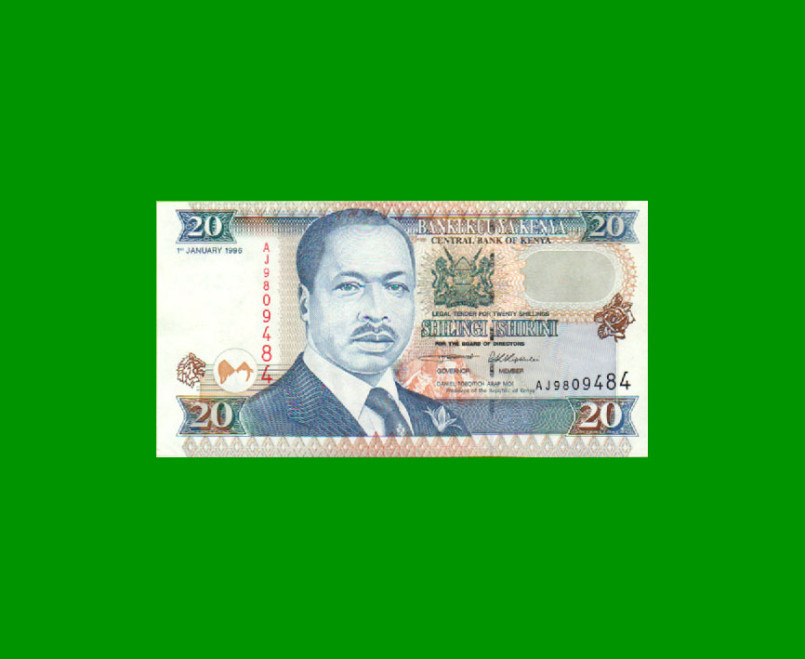 BILLETE DE KENYA 20 SHILINGI,  PICK 35a2, AÑO 1996, ESTADO EXCELENTE+ .-