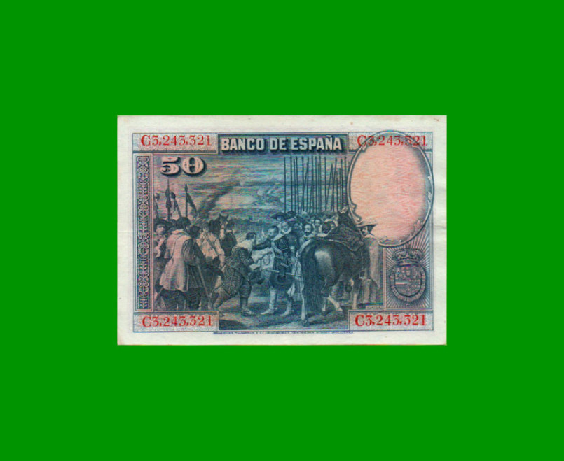 BILLETE DE ESPAÑA 50 PESETAS, PICK 75b, AÑO 1928, ESTADO EXCELENTE- .- - Imagen 2