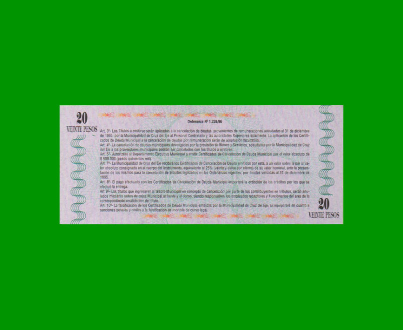 BONO MUNICIPALIDAD DE CRUZ DEL EJE $ 20,00, AÑO 1996, SERIE A, ESTADO SIN CIRCULAR.- - Imagen 2