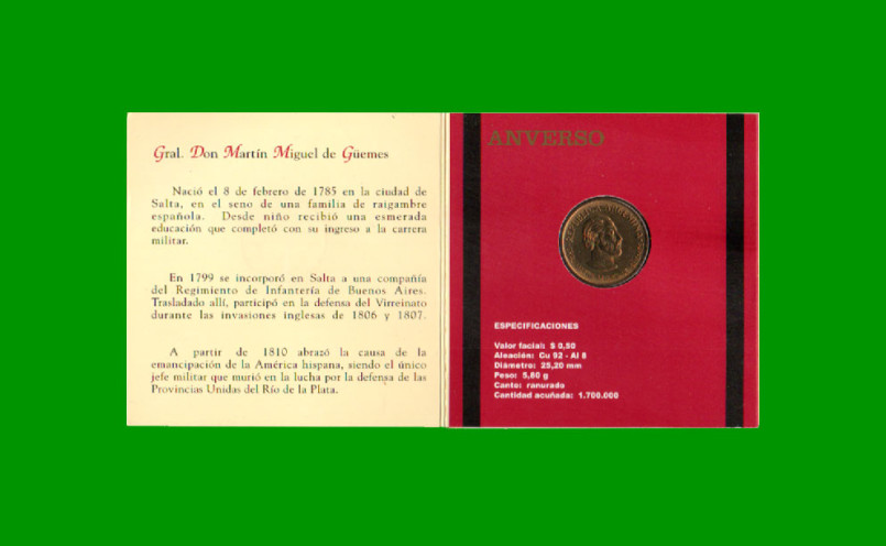 BLISTER MONEDA ARGENTINA, $ 0,50, CONMEMORATIVA 179° ANIVERSARIO FALLECIMIENTO GRAL. GÜEMES, AÑO 2000, ESTADO NUEVO.- - Imagen 2