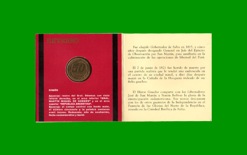 BLISTER MONEDA ARGENTINA, $ 0,50, CONMEMORATIVA 179° ANIVERSARIO FALLECIMIENTO GRAL. GÜEMES, AÑO 2000, ESTADO NUEVO.- - Imagen 3