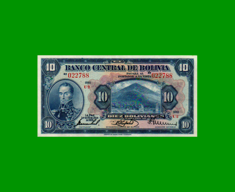 BILLETE DE BOLIVIA 10 BOLIVIANOS, PICK 121, AÑO 1928, ESTADO EXCELENTE.-