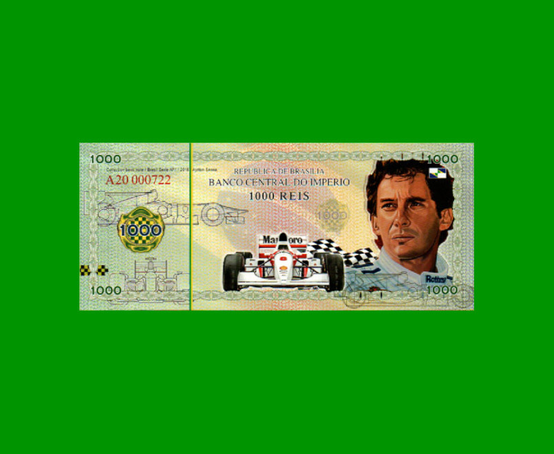 BILLETE DE BRASIL 1.000 REALES, FASCIMIL, POLYMERO, AÑO 2018, AYRTON SENNA FORMULA 1, ESTADO SIN CIRCULAR.-