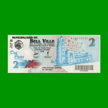 BONO MUNICIPALIDAD DE BELL VILLE $2,00, AÑO 2002/2003, ESTADO EXCELENTE+ .-