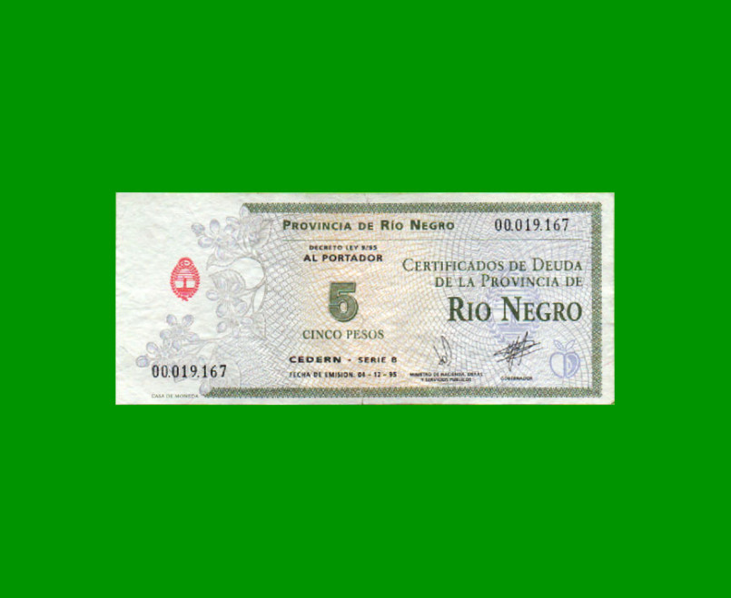 BONO DE RIO NEGRO $ 5,00, EC 385, AÑO 1995, ESTADO MUY BUENO.-