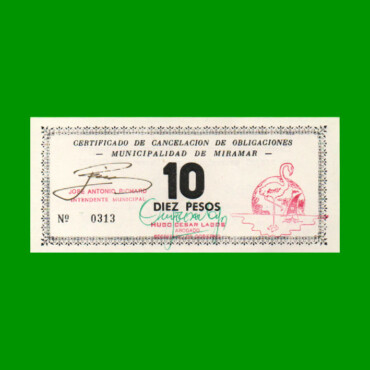BONO MUNICIPALIDAD DE MIRAMAR DE ANSENUZA $ 10,00, AÑO EMISION 10/08/1995, ESTADO SIN CIRULAR.-
