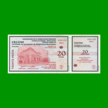 BONO MUNICIPALIDAD DE SAN FRANCISCO $ 20,00, AÑO 2000, SERIE B, ESTADO EXCELENTE.-